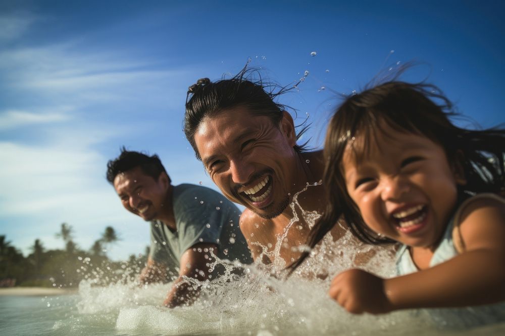 Filipino family summer laughing swimming. AI generated Image by rawpixel.