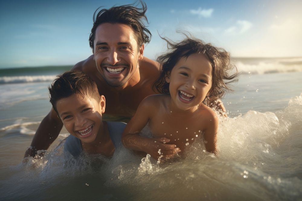 Filipino family beach swimming laughing. AI generated Image by rawpixel.