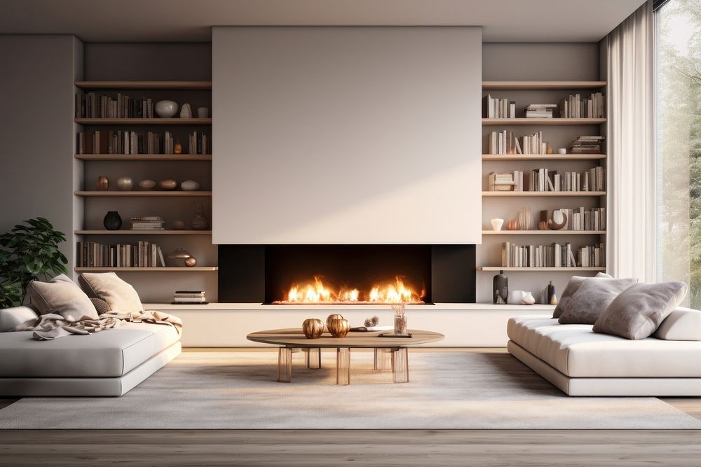 PNG Empty modern living room fireplace architecture furniture. AI generated Image by rawpixel.