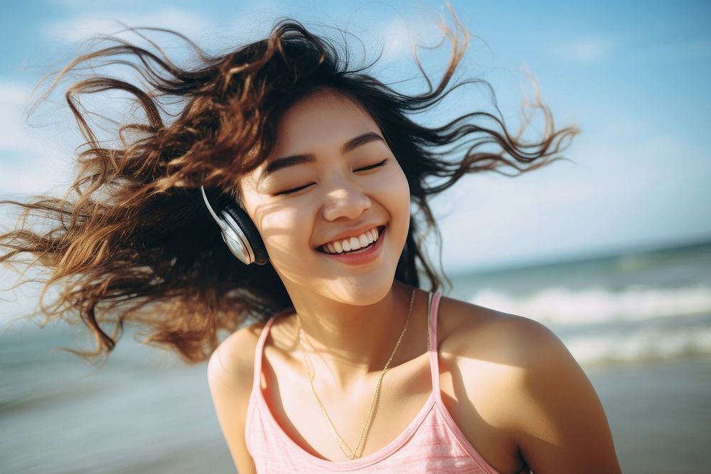 Headphones laughing portrait summer. AI generated Image by rawpixel.