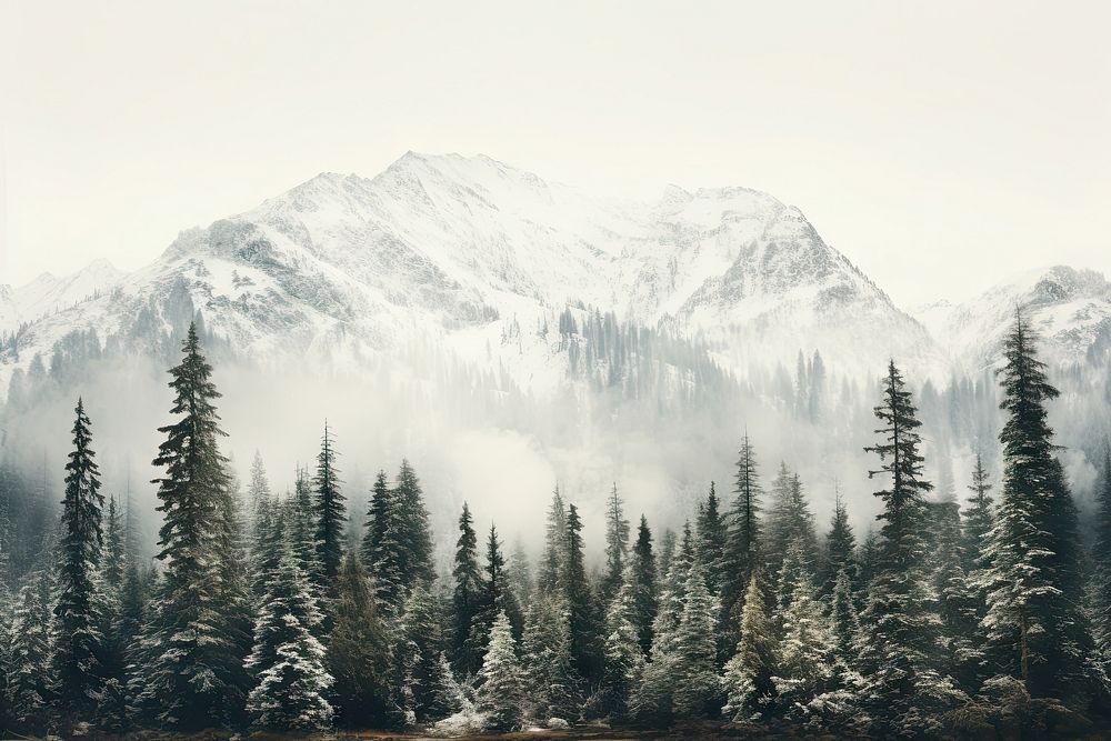 A snow covered wintery scene mountain forest tree. AI generated Image by rawpixel.