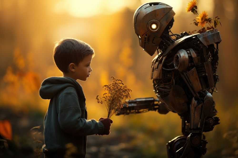 A small boy standing beside a robot holding a simple flower pot child screenshot sunlight. AI generated Image by rawpixel.
