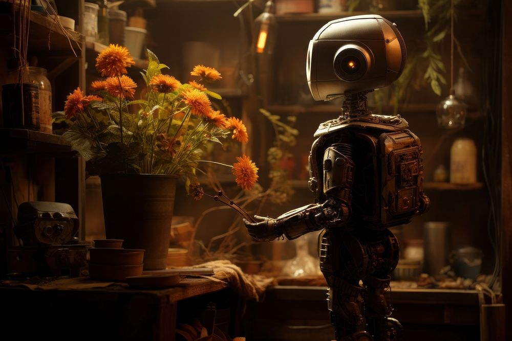 A small boy standing beside a robot holding a simple flower pot architecture electronics screenshot. AI generated Image by…
