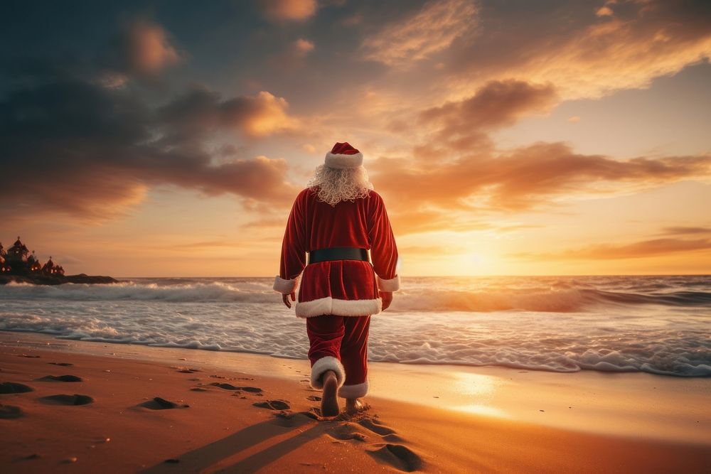 Christmas sunset beach santa claus. AI generated Image by rawpixel.