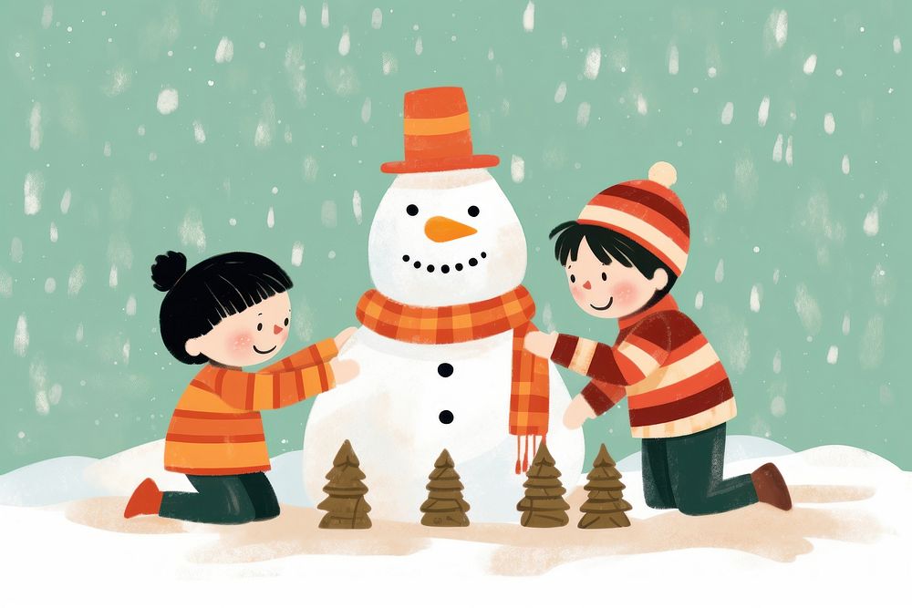 Three kids building a christmas snowman outdoors winter glove. AI generated Image by rawpixel.