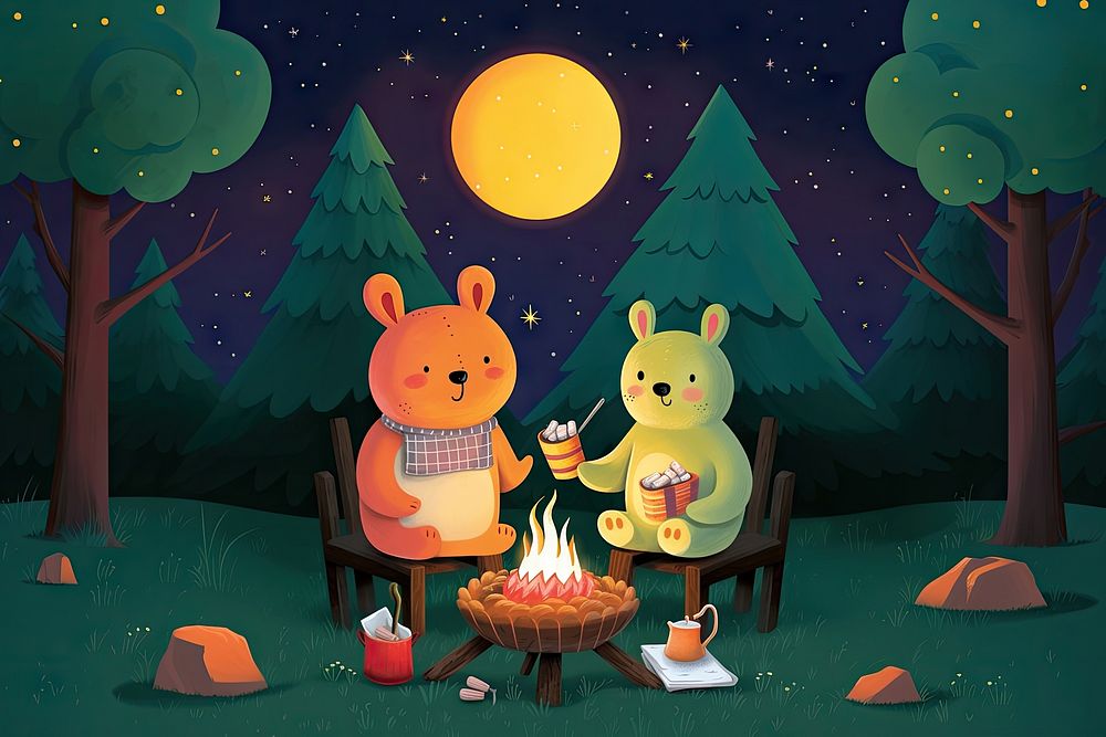 Cartoon sitting nature night. AI generated Image by rawpixel.