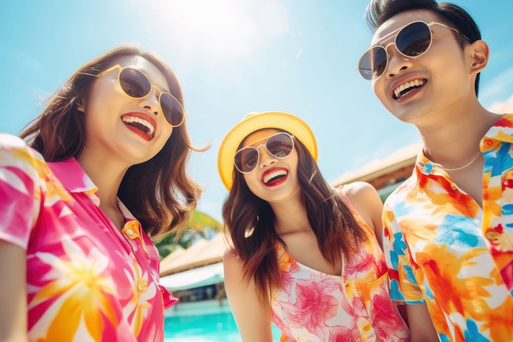 Three Filipino friends enjoying a summer pool party laughing adult men. AI generated Image by rawpixel.