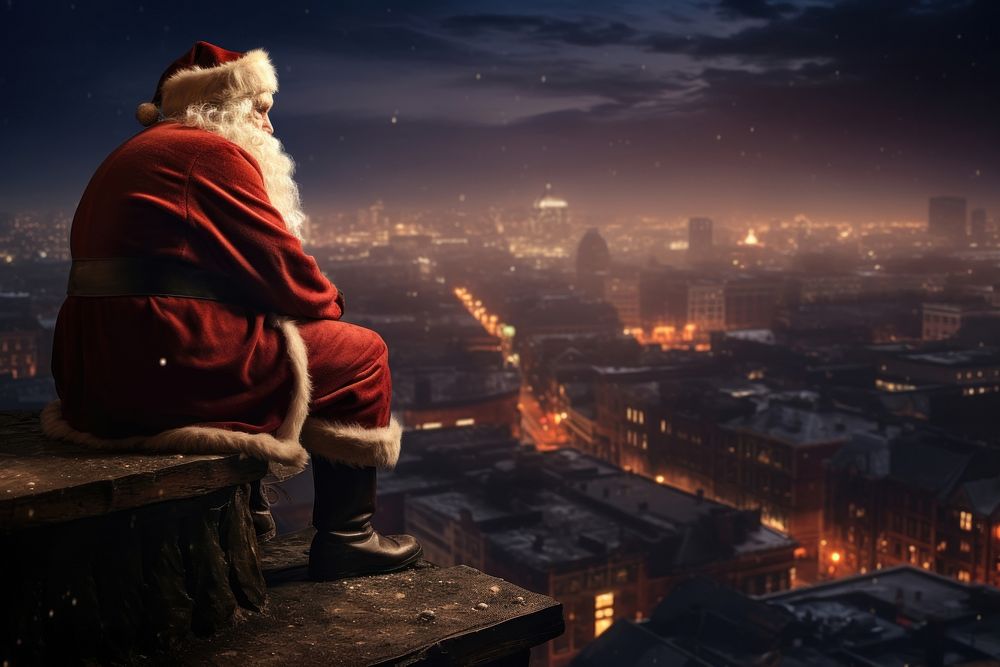 A lonely Santa Claus sitting atop a chimney christmas cityscape night. AI generated Image by rawpixel.
