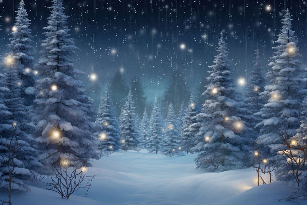 A beautiful wintry Christmas landscape tree snow illuminated. 