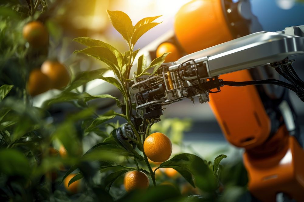 A robotic arm delicately holding a ripe orange agriculture technology grapefruit. AI generated Image by rawpixel.