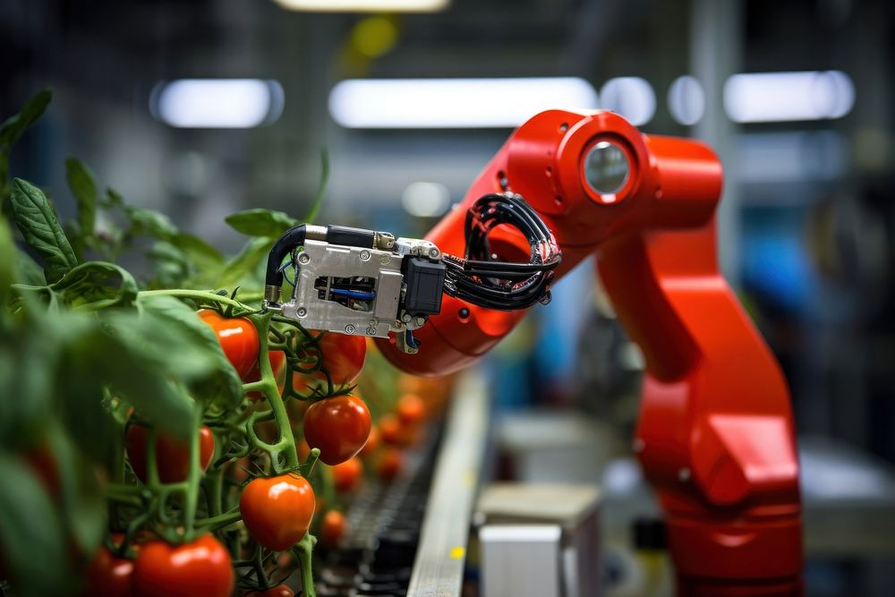A robotic arm holding a freshly-picked tomato technology vegetable freshness. AI generated Image by rawpixel.
