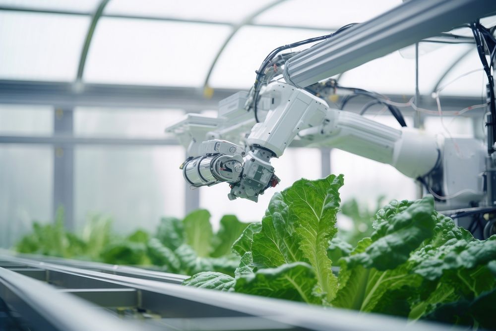 A robotic arm holding a freshly-picked cabbage technology vegetable plant. AI generated Image by rawpixel.