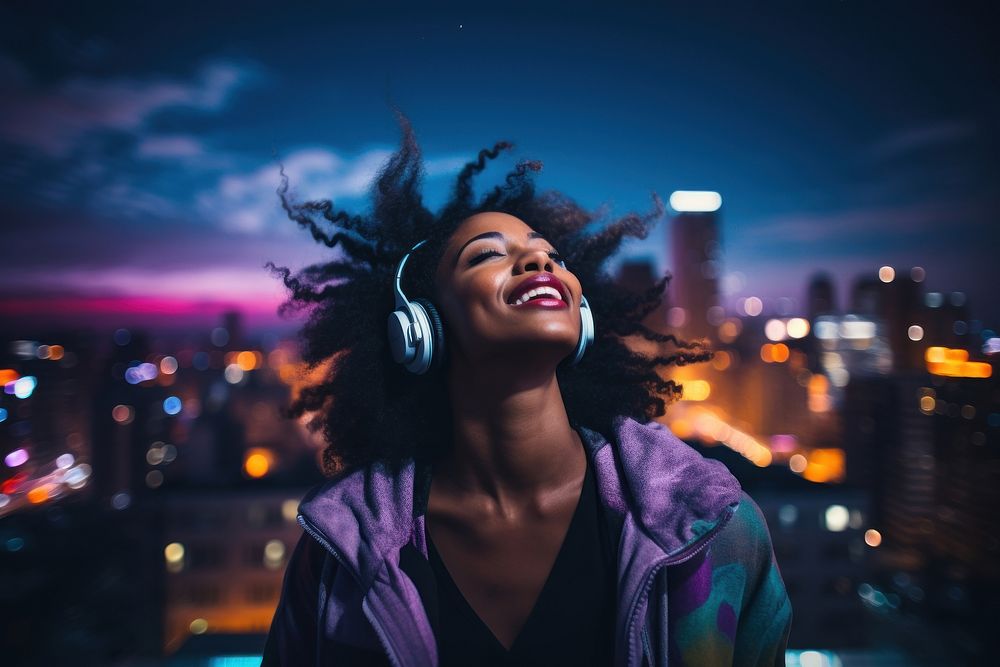Headphones cityscape adult smile. AI generated Image by rawpixel.