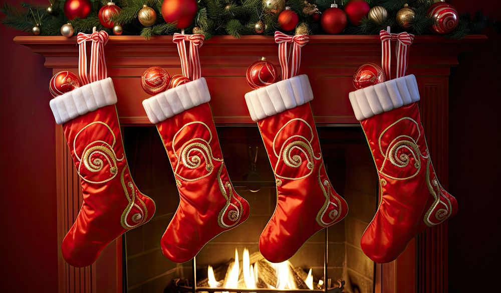 Four red Christmas stocking hanging above a fireplace christmas gift sock. 