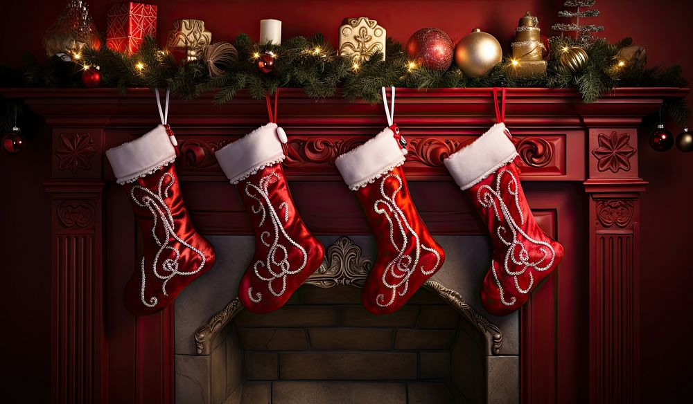 Four red Christmas stocking hanging above a fireplace christmas gift tree. AI generated Image by rawpixel.