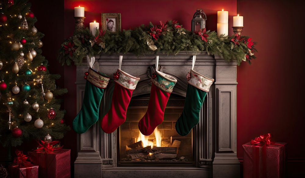 Four red Christmas stocking hanging above a fireplace christmas candle tree. AI generated Image by rawpixel.