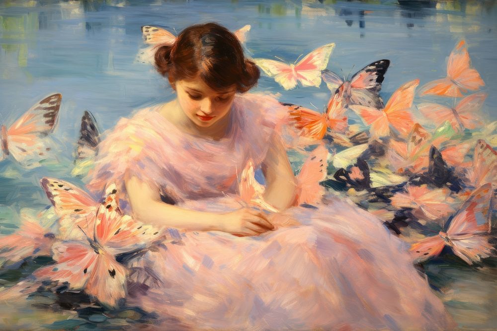 Flying butterflies painting portrait drawing. AI generated Image by rawpixel.