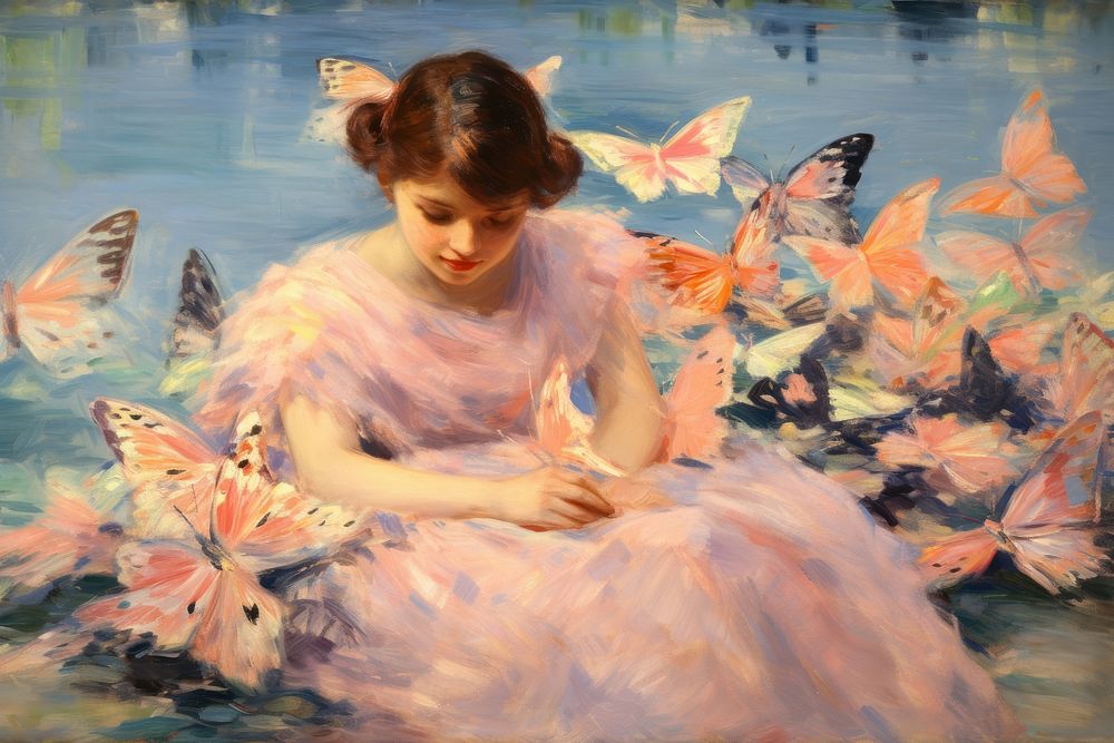 Flying butterflies painting portrait drawing. 