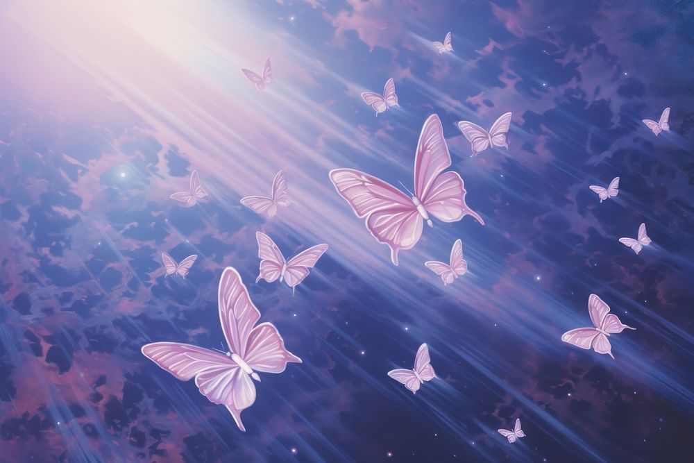 Flying butterflies outdoors purple nature. AI generated Image by rawpixel.