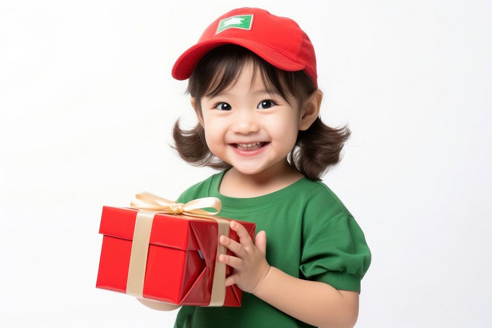 Holding cute giftbox portrait smile child. 