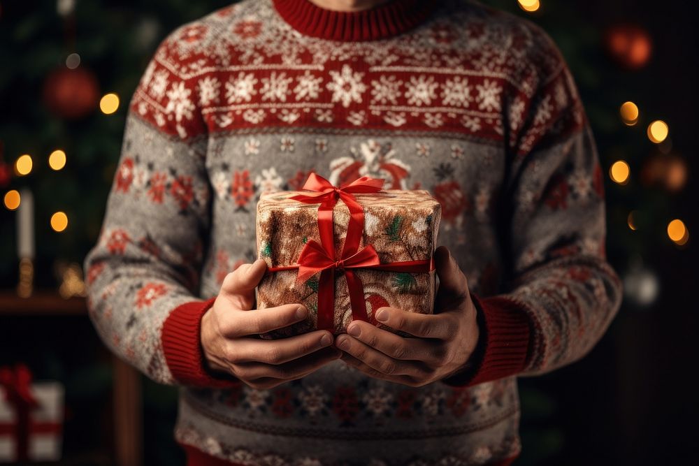 Man hold gift christmas sweater red. AI generated Image by rawpixel.