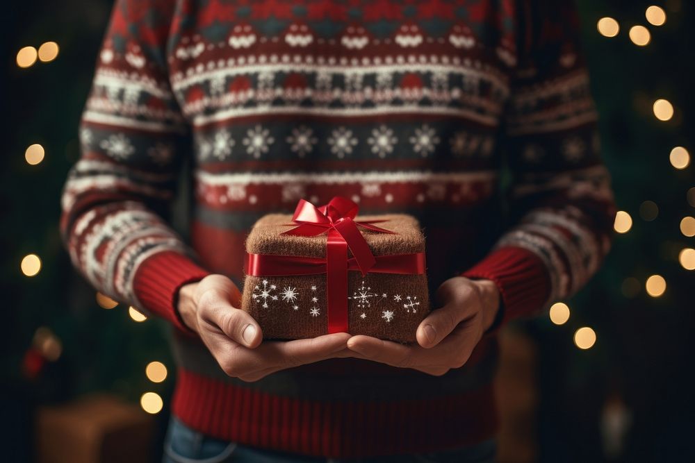 Man hold gift christmas sweater red. AI generated Image by rawpixel.