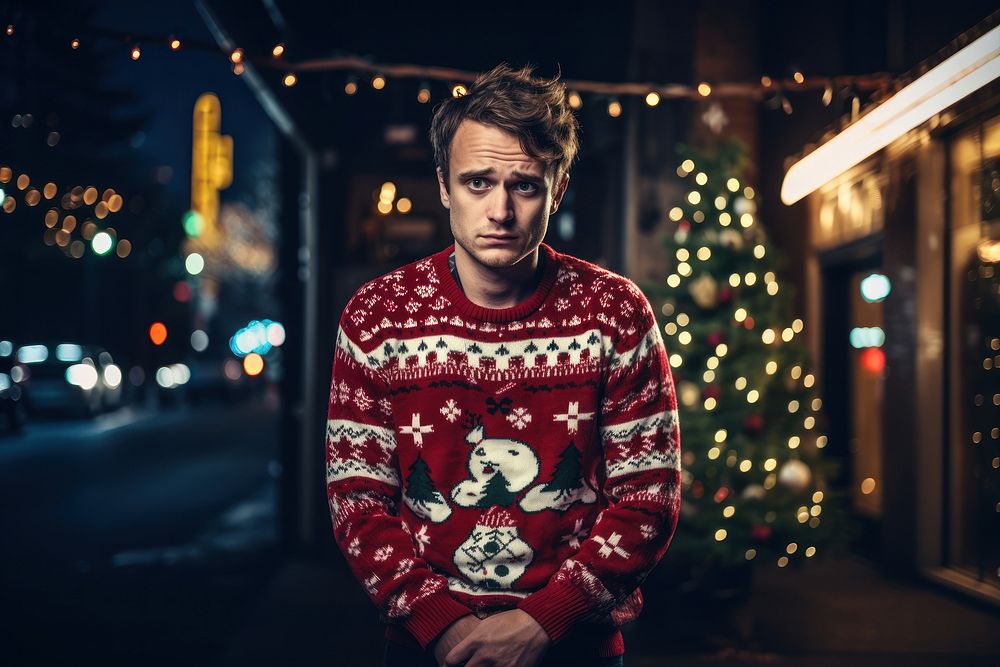 Sad depressed man sweater christmas portrait. AI generated Image by rawpixel.
