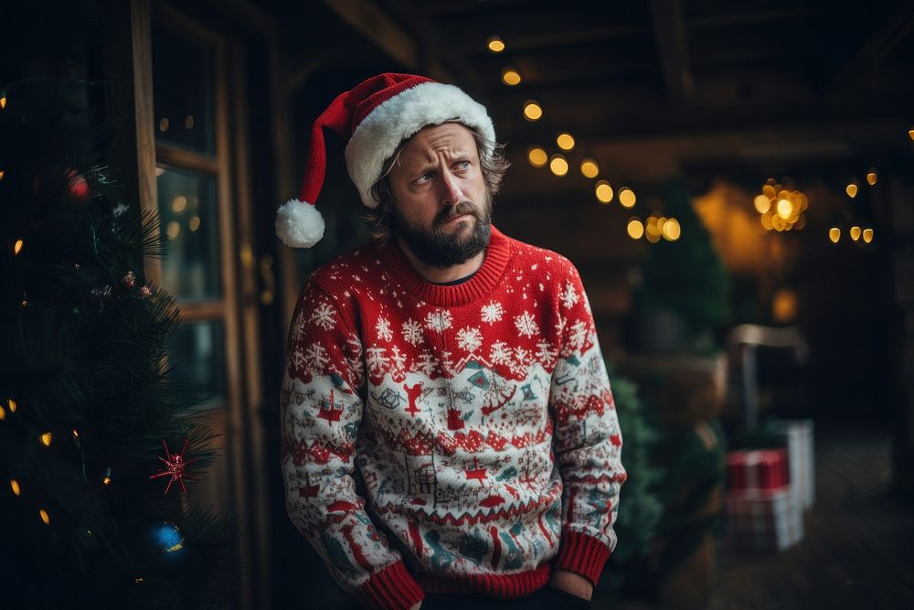 Sad depressed man christmas sweater red. AI generated Image by rawpixel.
