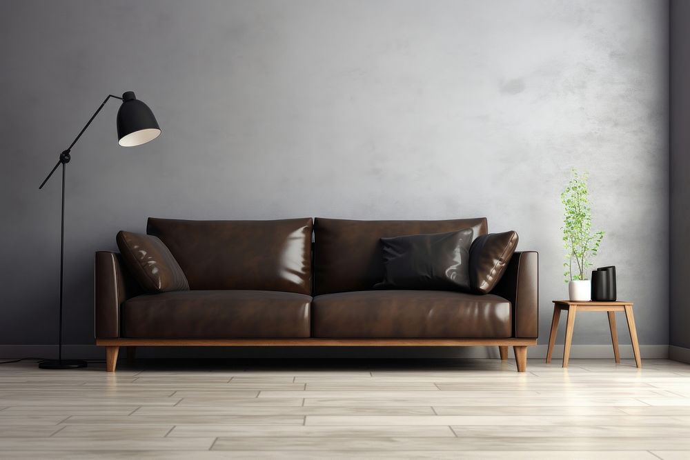 A modern living room interior design lamp furniture leather. 