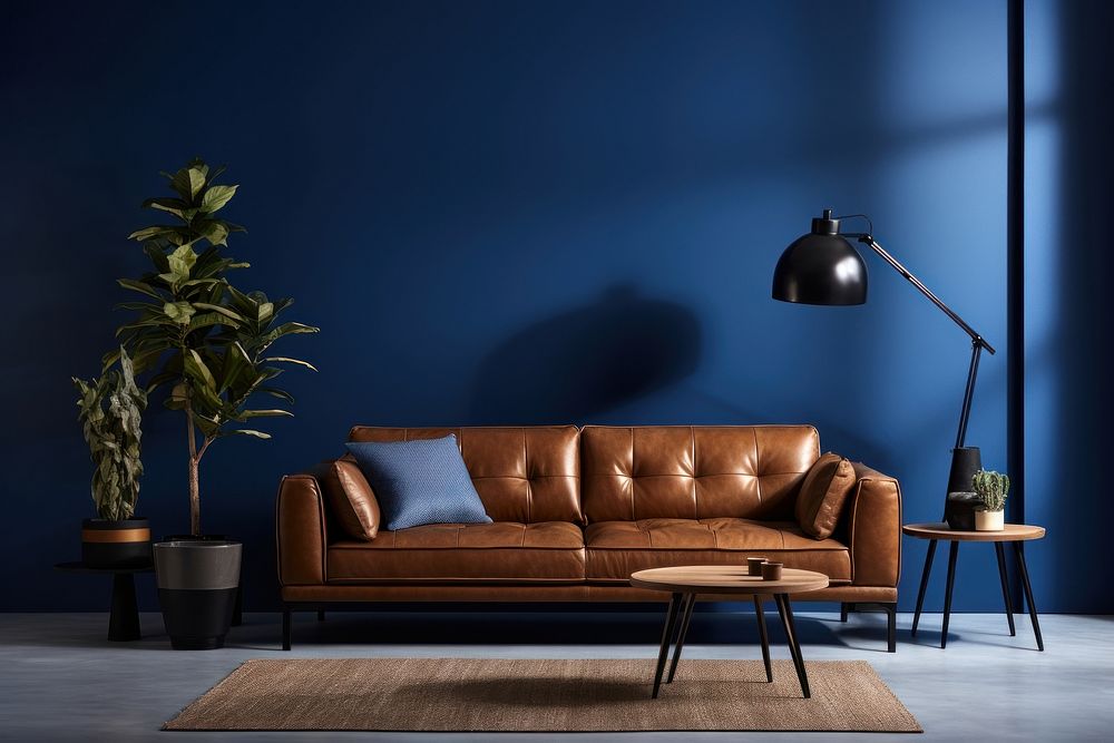 A modern living room interior design furniture sofa lamp. 