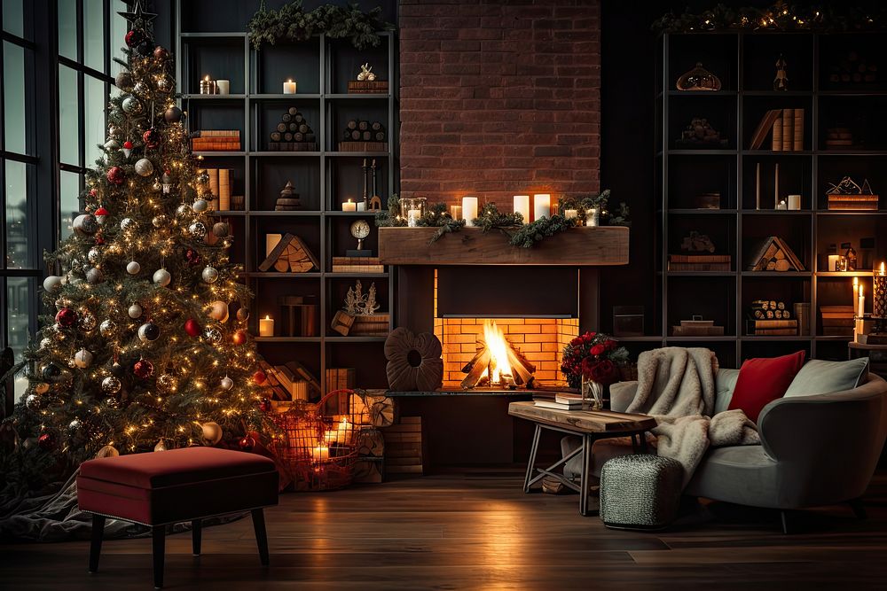 Fireplace christmas decoration furniture. AI generated Image by rawpixel.