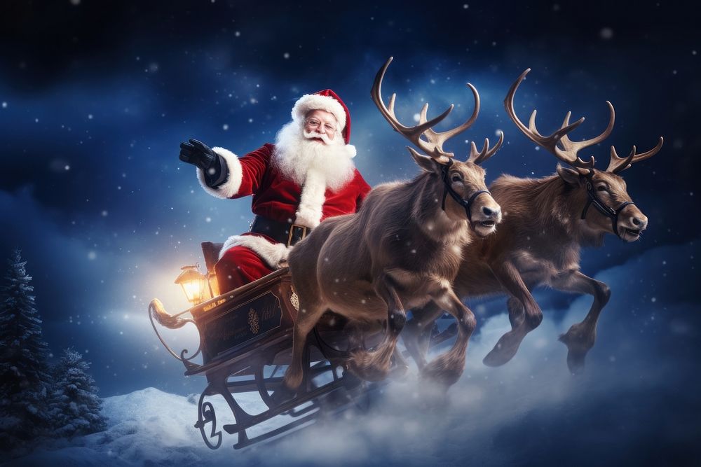 Santa claus reindeer sleigh photo. 