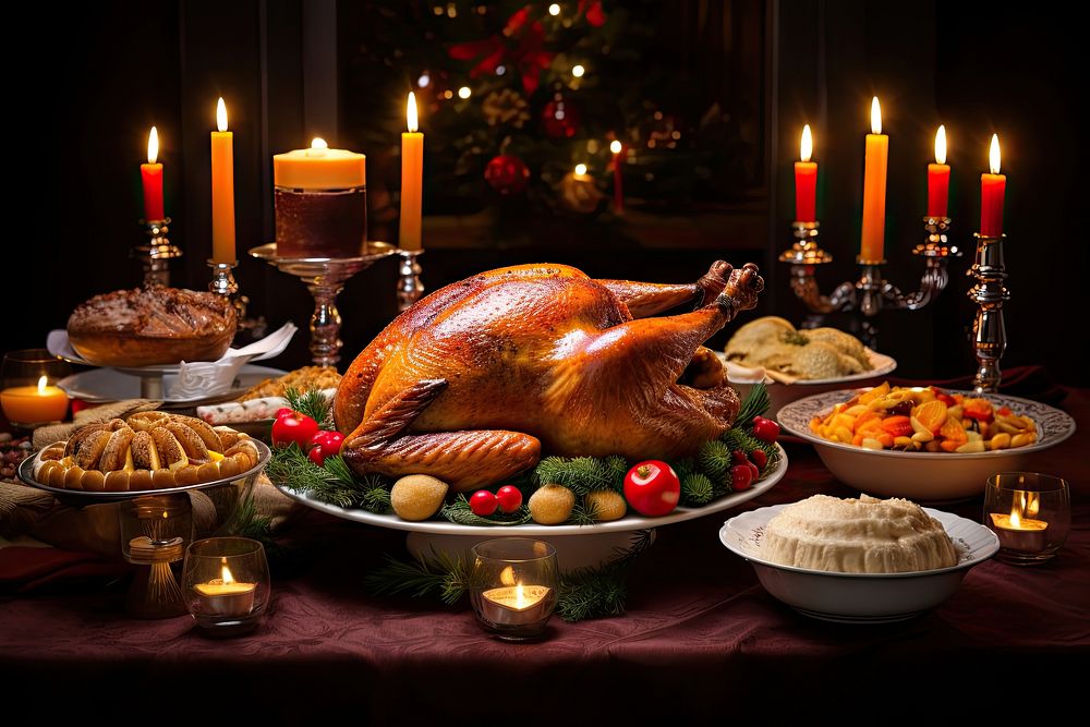 This festive Christmas table setting features a turkey candle decoration dinner. AI generated Image by rawpixel.