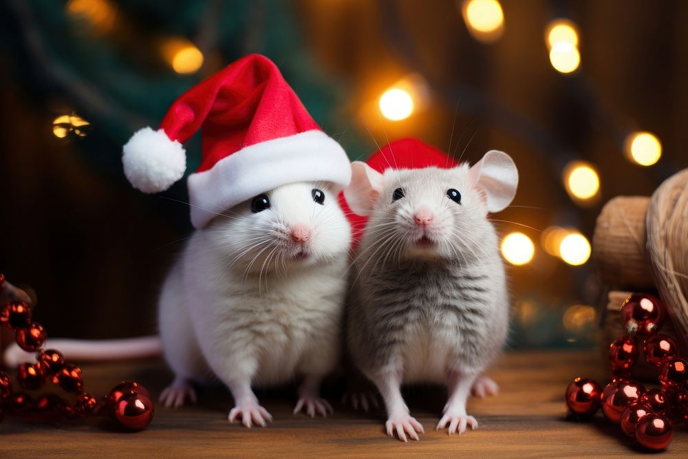 Two mice wearing Santa hats christmas animal mammal. AI generated Image by rawpixel.