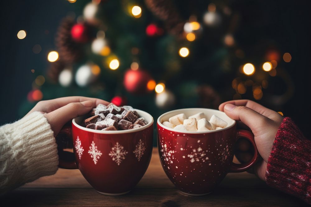 Hands holding steaming hot cocoa mugs christmas dessert food. AI generated Image by rawpixel.
