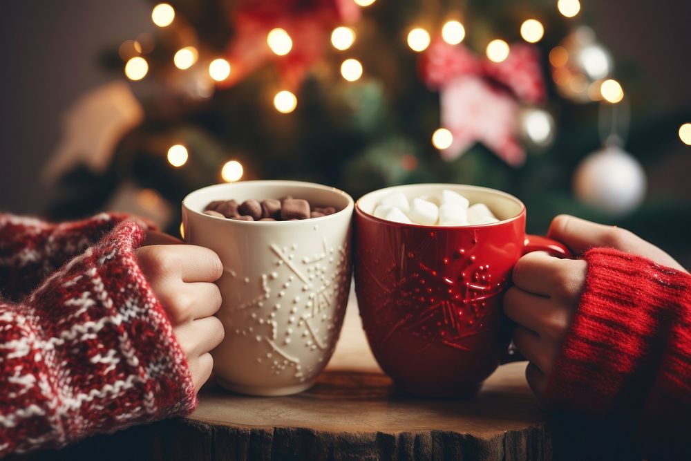 Hands holding steaming hot cocoa mugs christmas coffee drink. AI generated Image by rawpixel.