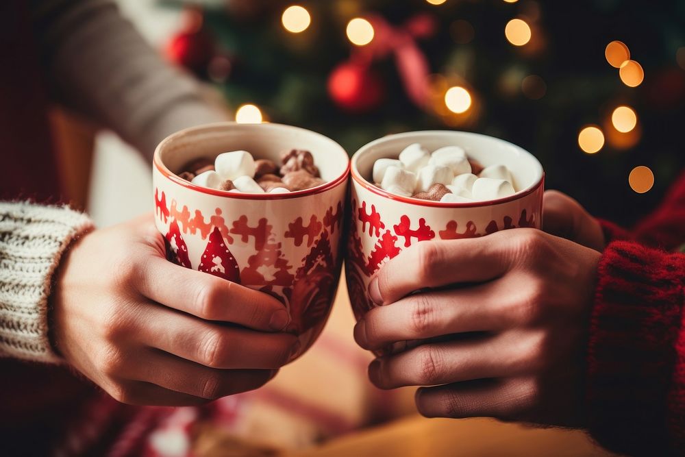 Hands holding steaming hot cocoa mugs christmas dessert drink. AI generated Image by rawpixel.