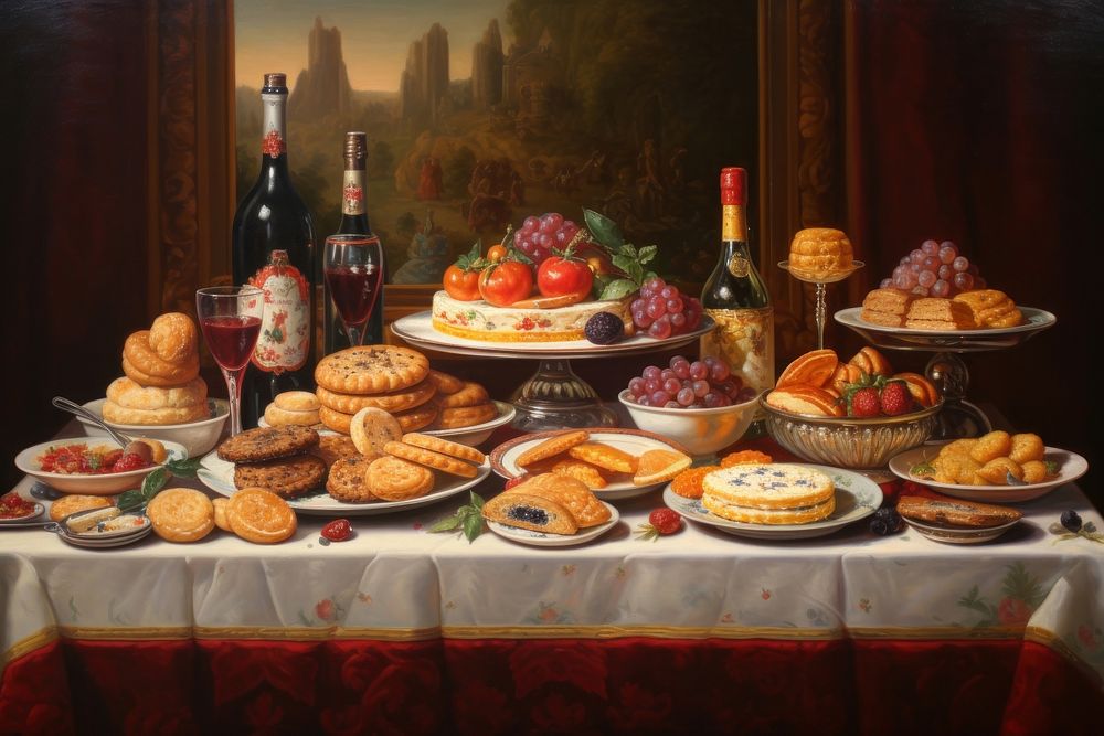 Italian food painting bread table. 
