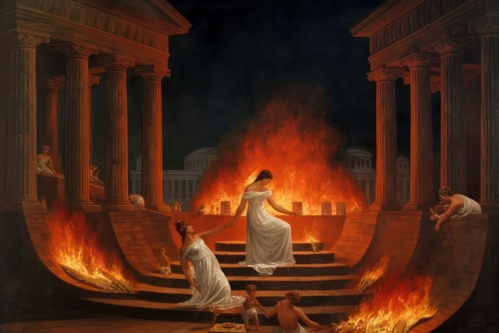 Pompeii art painting bonfire adult. AI generated Image by rawpixel.