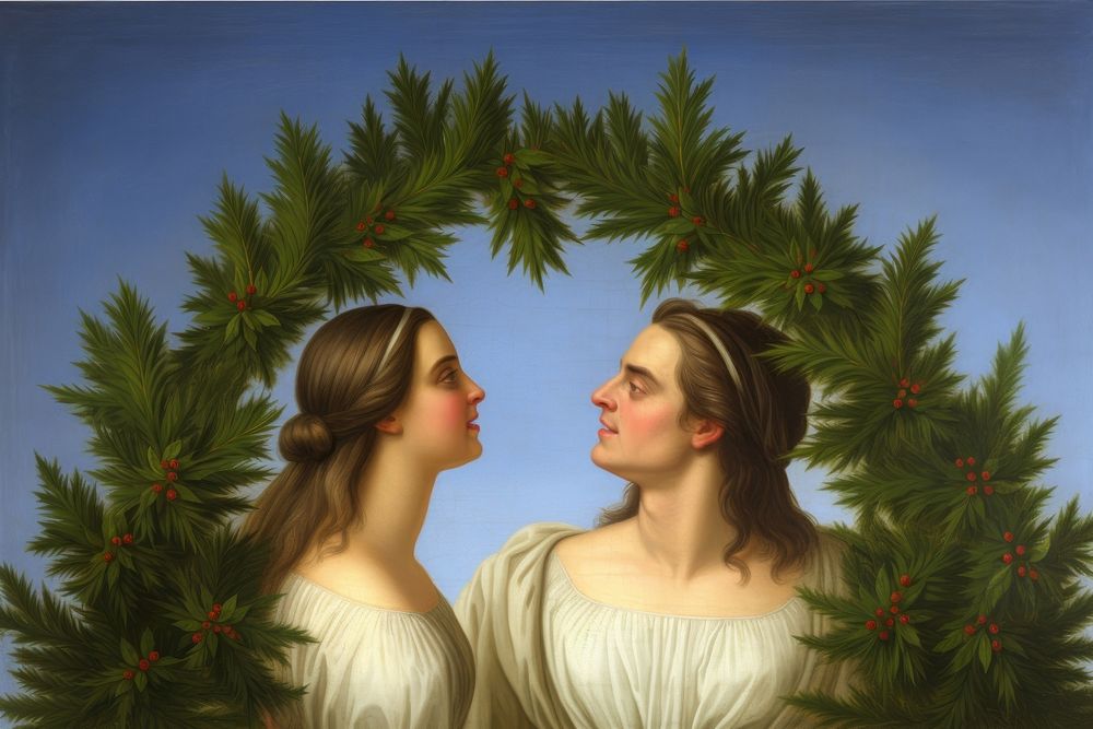 A christmas mistletoe painting art portrait. AI generated Image by rawpixel.