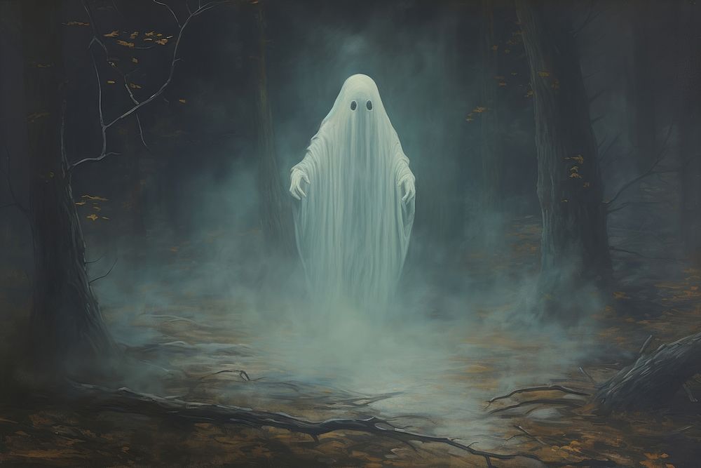 A ghost outdoors painting nature. 