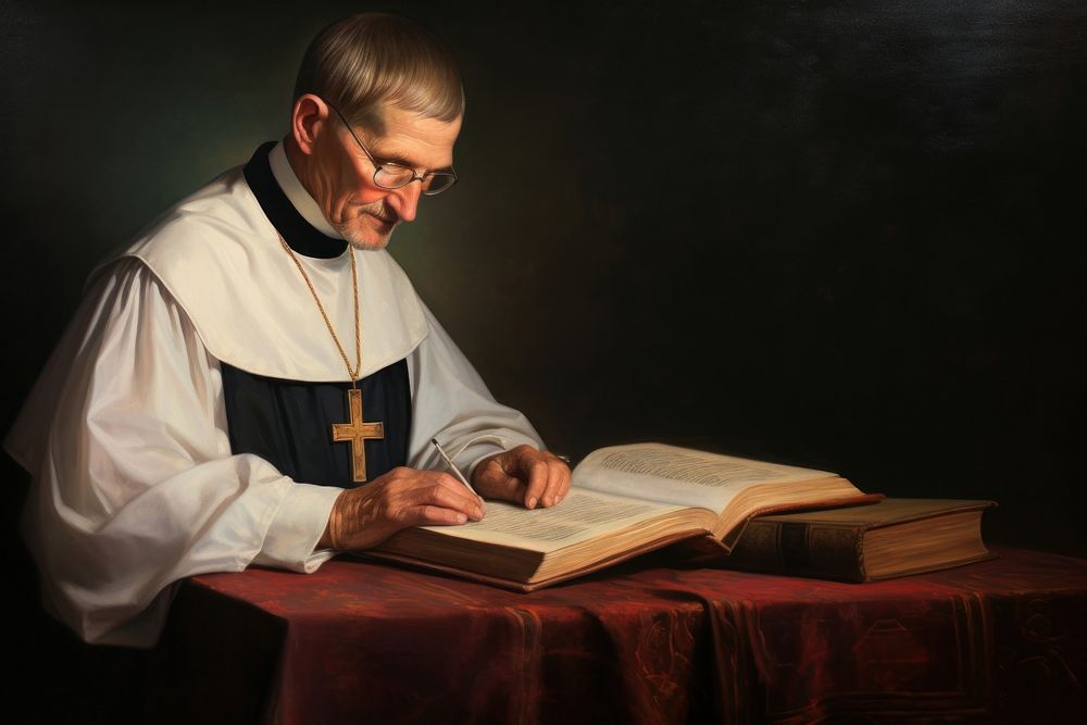 Publication painting reading priest. AI generated Image by rawpixel.
