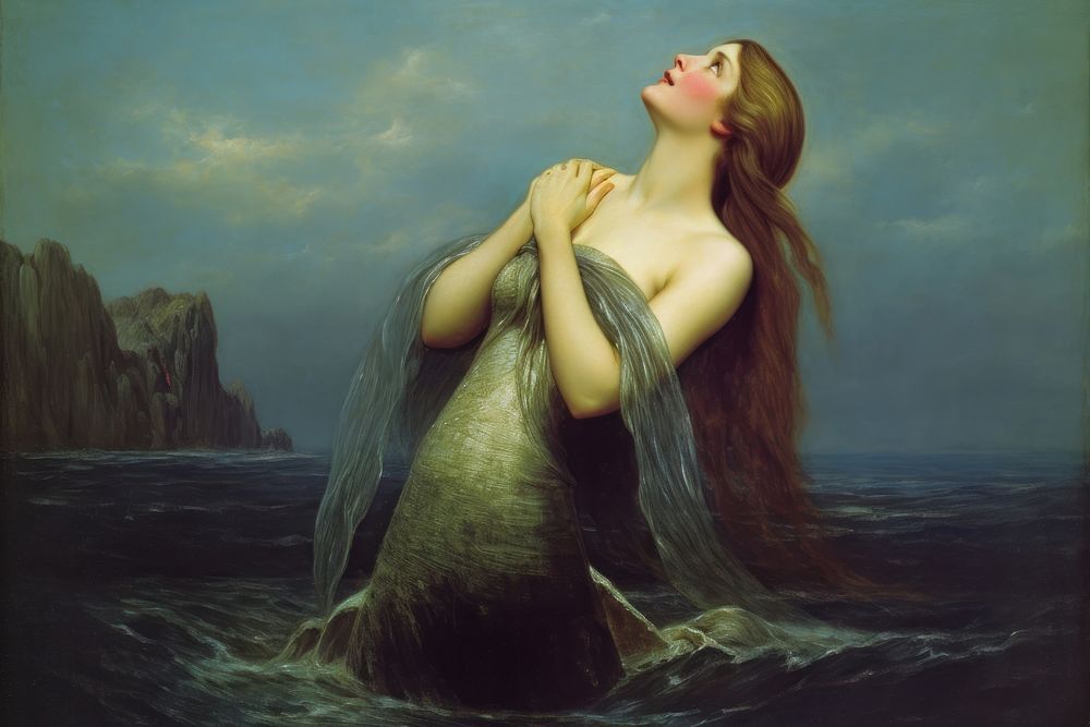 Painting adult woman sea. 