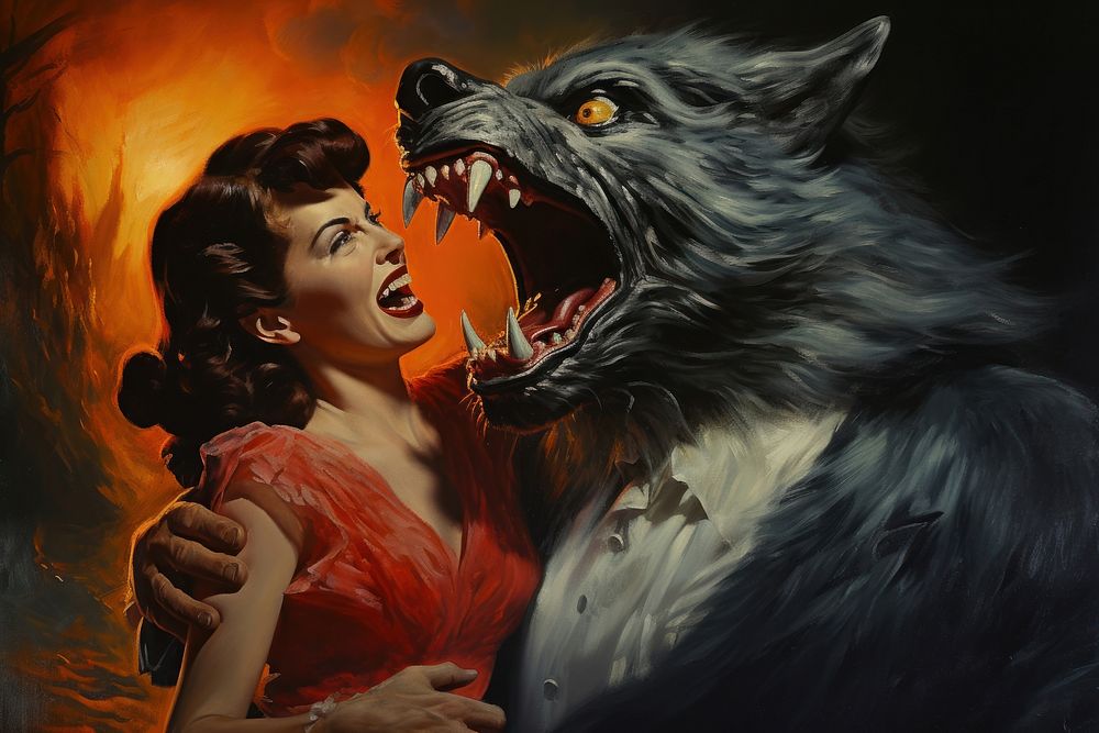 A vampire vs werewolf painting animal mammal. 