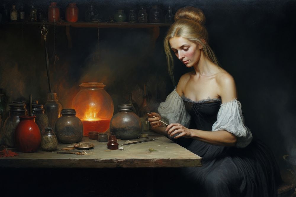 A witch making potion painting art portrait. AI generated Image by rawpixel.