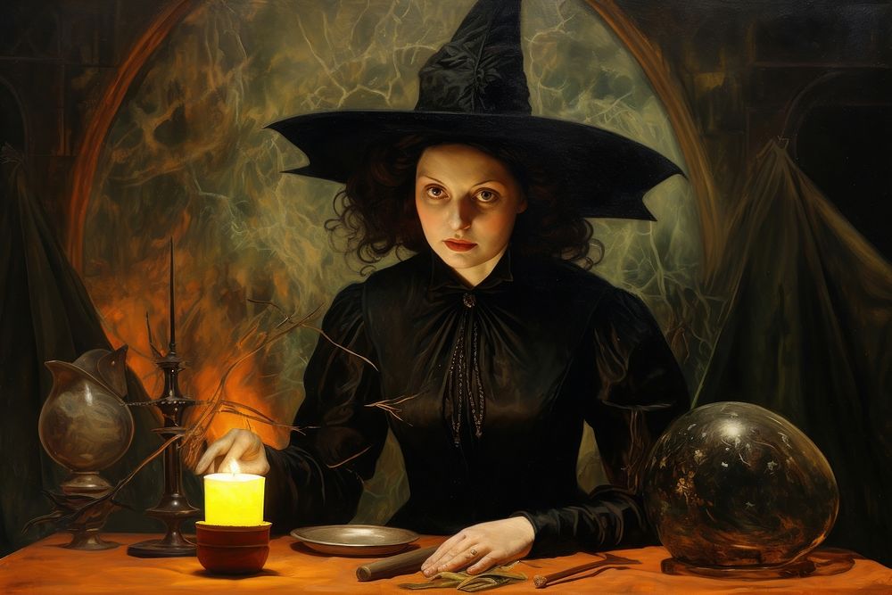 A witch portrait painting candle. AI generated Image by rawpixel.