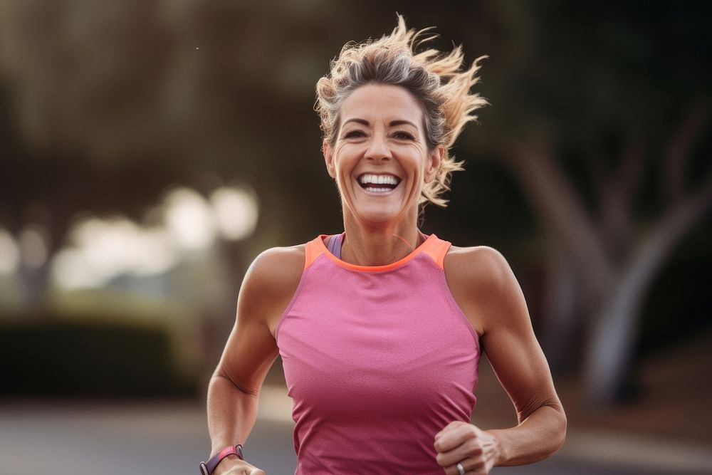 Middle age woman running laughing outdoors sports. AI generated Image by rawpixel.