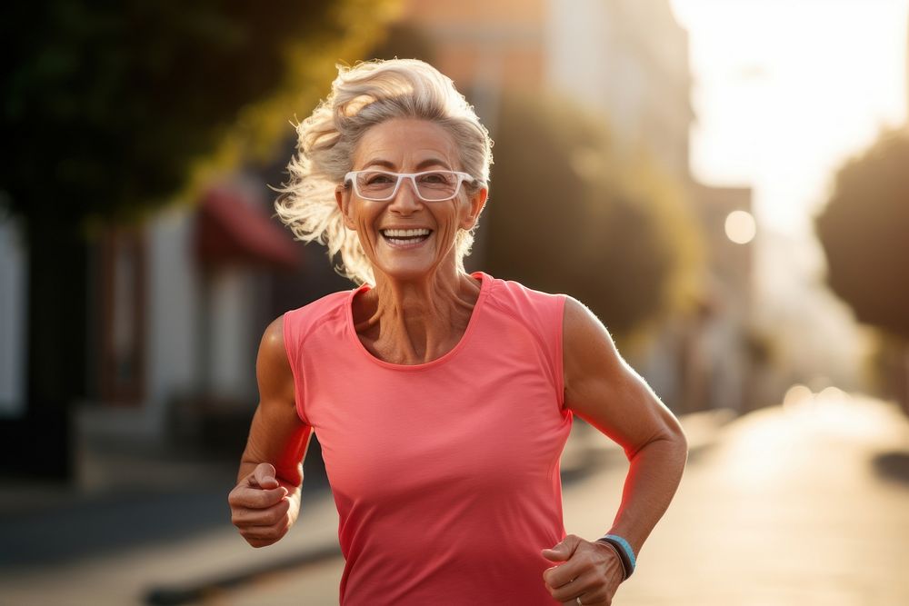 Senior woman running outdoors jogging glasses. AI generated Image by rawpixel.