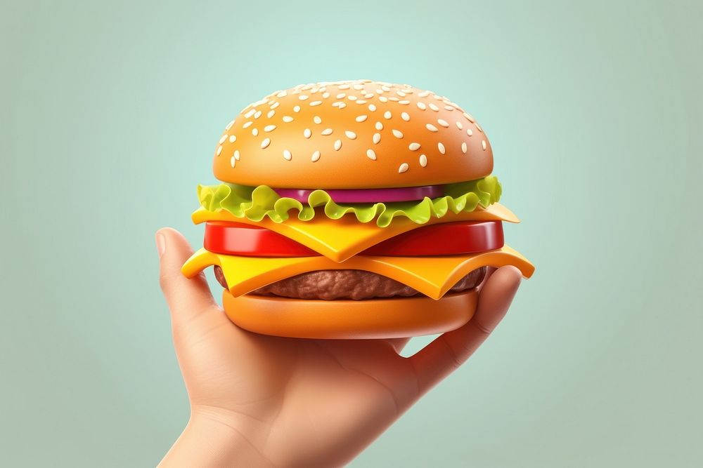 3d hand holding a hamburger food vegetable condiment. AI generated Image by rawpixel.