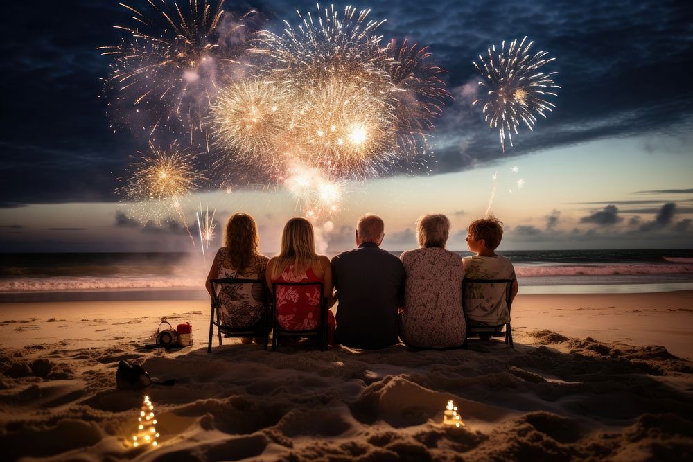 Multi-generation family beach fireworks outdoors. AI generated Image by rawpixel.